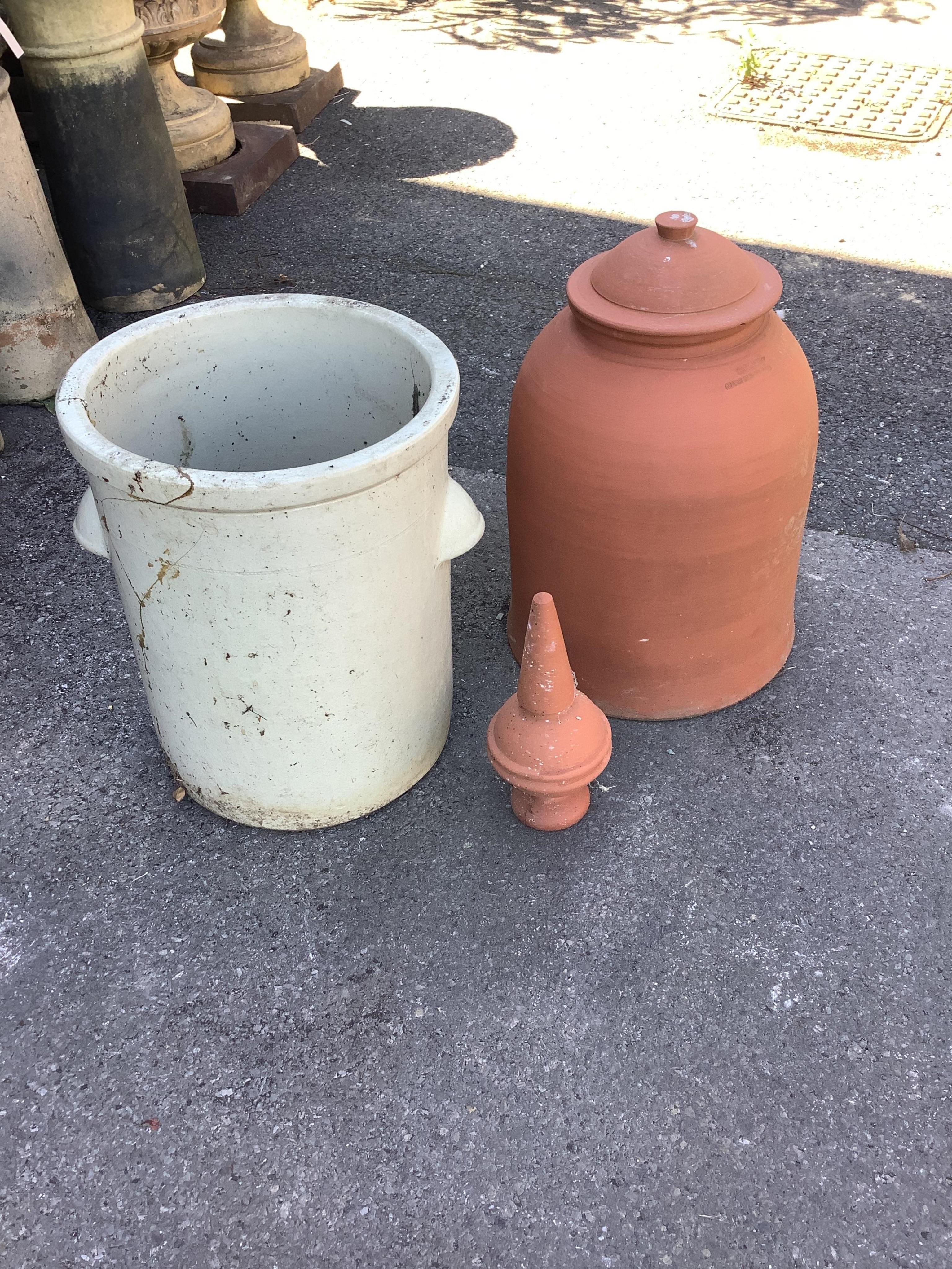 A terracotta rhubarb forcer with lid by Willow pottery, a terracotta finial and a stoneware planter, largest height 60cm. Condition - fair